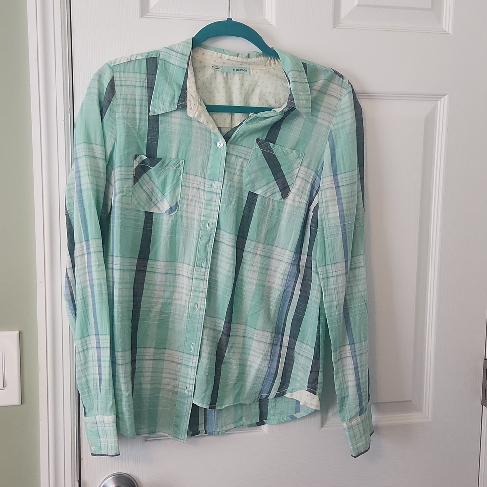 Maurices size medium button up shirt. Mint green and blue plaid.